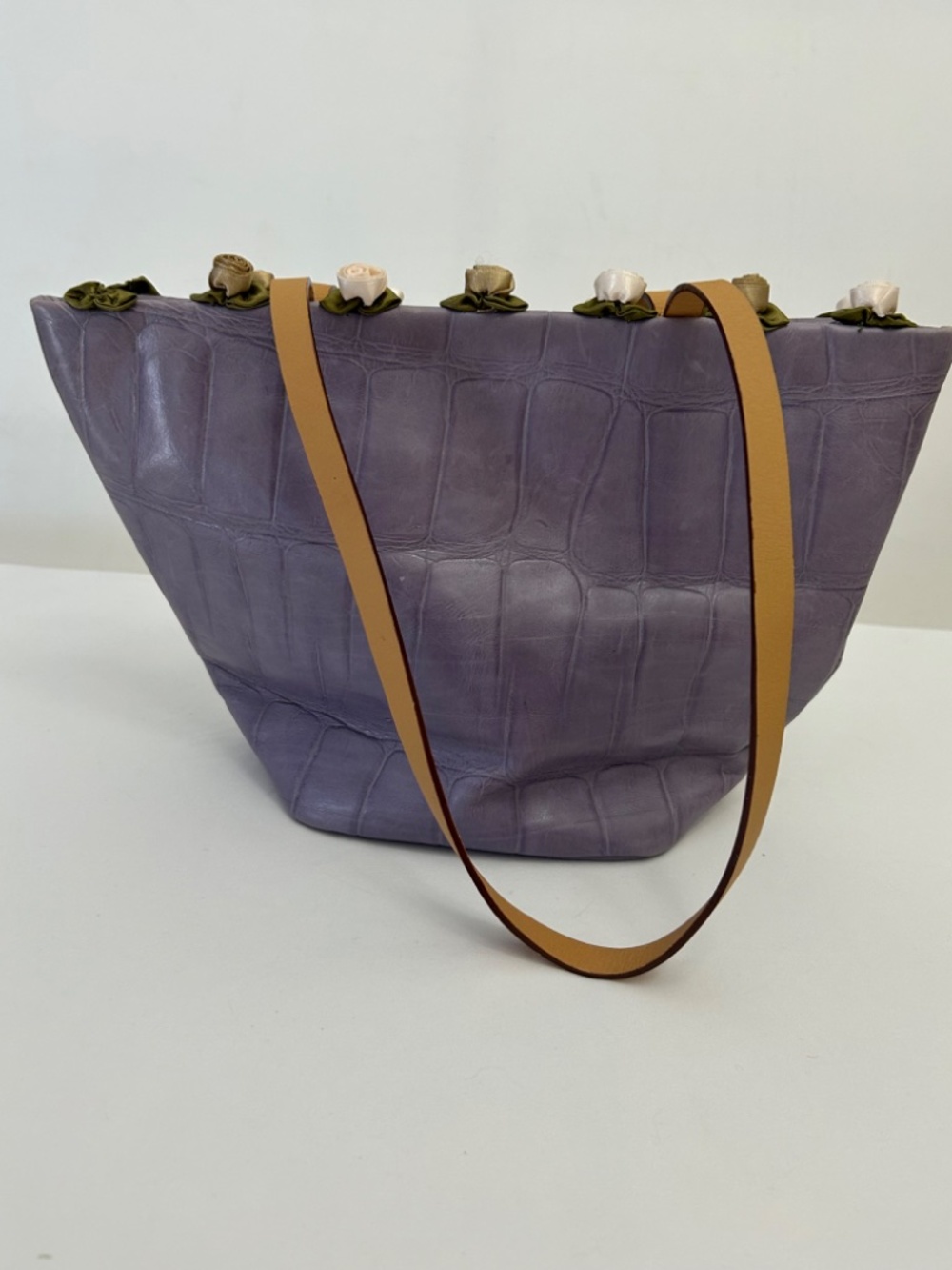 Falor-Le Borse Lavender Italian Leather Crock Embossed Tote with Floral Rosettes - Picture 13 of 16